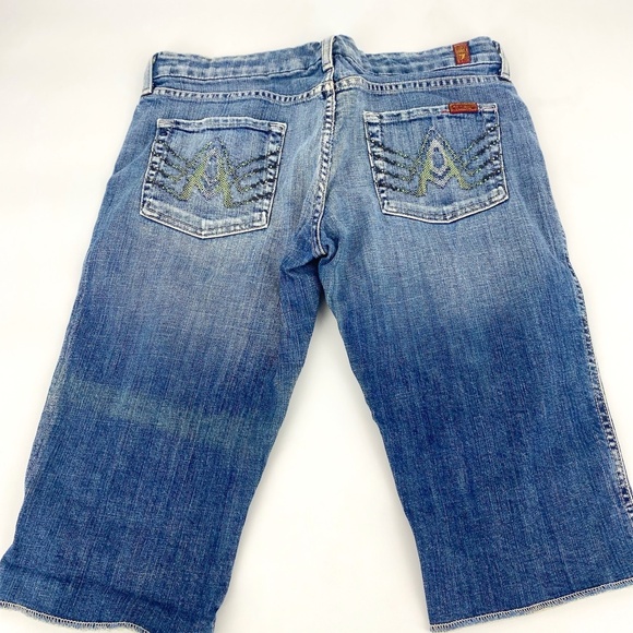 Pre-Owned 7 For All Mankind Earth Swarovski Green Crystal A-Pocket Bermuda Jeans - Picture 1 of 8